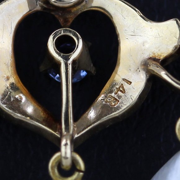 Antique Edwardian 14k Gold Sapphire + Pearl Heart Pendant Necklace (c.1900) - Picture 4 of 9
